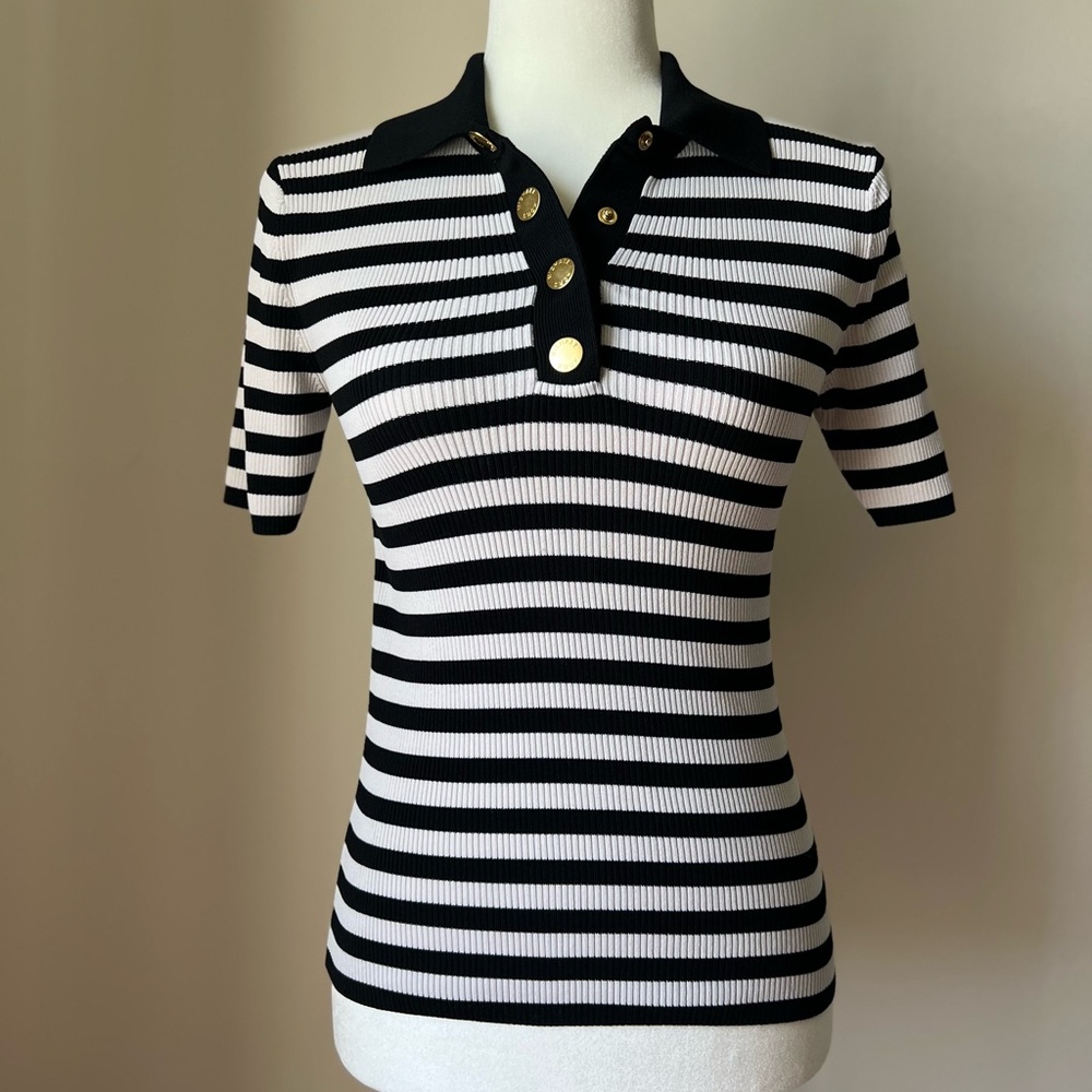 Michael Kors Black and White Striped Polo Top